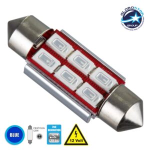 GloboStar® C5W 81314 Λάμπα Αυτοκίνητου 36mm FESTOON  2nd Generation Can-Bus Series LED 6 SMD 5630 4W 480lm 120° DC 12V IP20 Μπλε