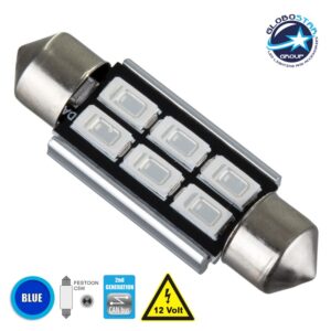 GloboStar® C5W 81317 Λάμπα Αυτοκίνητου 39mm FESTOON  2nd Generation Can-Bus Series LED 6 SMD 5630 4W 480lm 120° DC 12V IP20 Μπλε