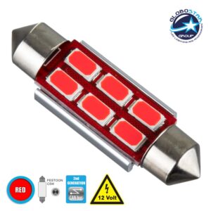 GloboStar® C5W 81318 Λάμπα Αυτοκίνητου 39mm FESTOON  2nd Generation Can-Bus Series LED 6 SMD 5630 4W 480lm 120° DC 12V IP20 Κόκκινο