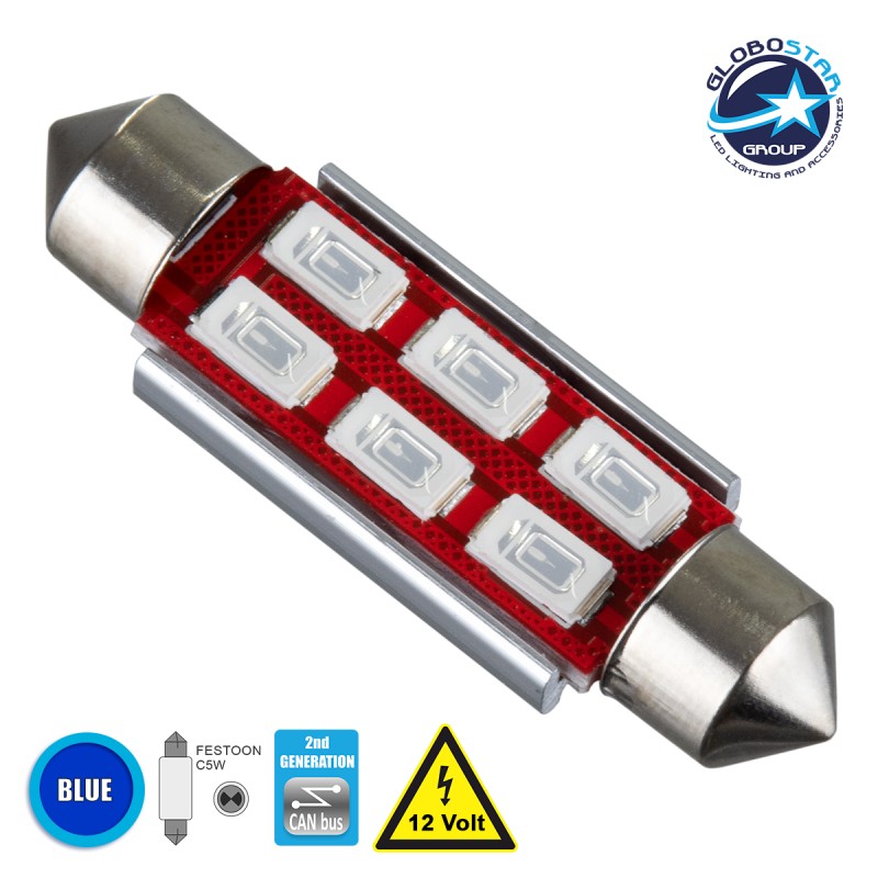 GloboStar® C5W 81323 Λάμπα Αυτοκίνητου 42mm FESTOON 2nd Generation Can-Bus Series LED 6 SMD 5630 4W 480lm 120° DC 12V IP20 Μπλε