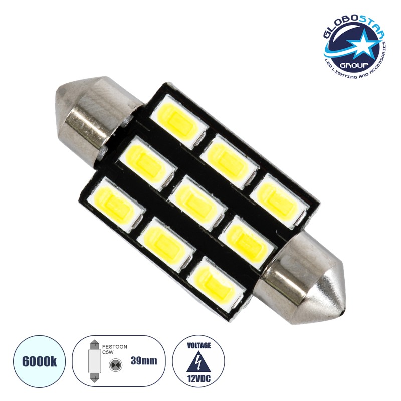 GloboStar® C5W 81307 Λάμπα Αυτοκινήτου LED 39mm FESTOON - 9xSMD5630 4.5W 675lm 120° DC 12-16V IP20 Μ3.9 x Π1.2 x Υ1.2cm Ψυχρό Λευκό 6000K