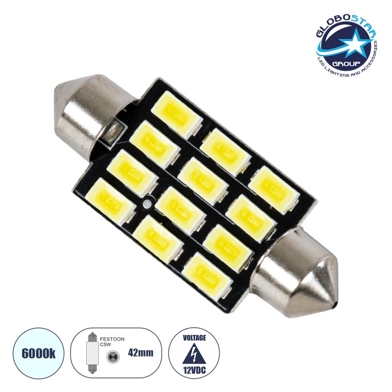 GloboStar® C5W 81308 Λάμπα Αυτοκινήτου LED 42mm FESTOON - 12xSMD5630 6W 900lm 120° DC 12-16V IP20 Μ4.2 x Π1.2 x Υ1.2cm Ψυχρό Λευκό 6000K