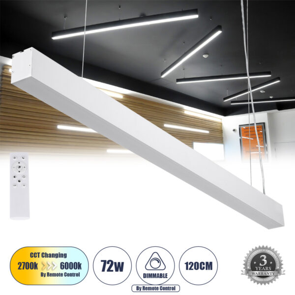 GloboStar® ORION 61031-P Γραμμικό Κρεμαστό Φωτιστικό Linear LED CCT 72W 8600lm 120° AC 220-240V Μ120 x Π5.5 x Υ7cm - Εναλλαγή Φωτισμού μέσω Τηλεχειριστηρίου All In One Ψυχρό 6000k+Φυσικό 4500k+Θερμό 2700k Dimmable - Λευκό - 3 Years Warranty