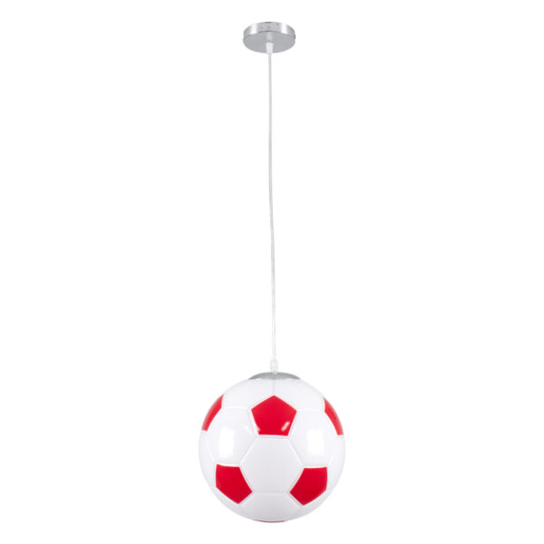 GloboStar® FOOTBALL 00646 Παιδικό Κρεμαστό Φωτιστικό Μπάλα Μονόφωτο 1 x E27 IP20 Λευκό & Κόκκινο Γυαλί - Μ25 x Π25 x Υ25cm - Image 3