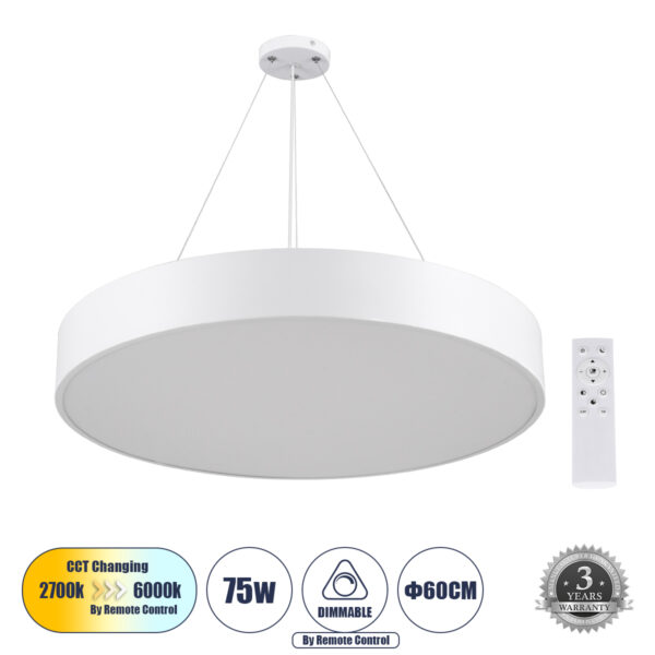 GloboStar® BURTON 61203-P Κρεμαστή Πλαφονιέρα Οροφής LED CCT 75W 8625lm 120° AC 220-240V - Εναλλαγή Φωτισμού μέσω Τηλεχειριστηρίου All In One Ψυχρό 6000k+Φυσικό 4500k+Θερμό 2700k Dimmable Φ60cm - Λευκό - 3 Years Warranty