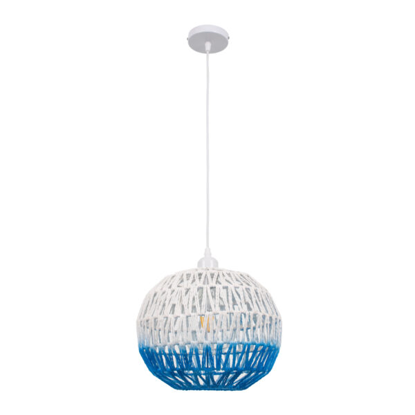 GloboStar® SANTOR 00728 Boho Κρεμαστό Φωτιστικό Πλέγμα Μονόφωτο 1 x E27 IP20 Λευκό & Μπλε Σχοινί - Μ30 x Π30 x Υ30cm - Image 3