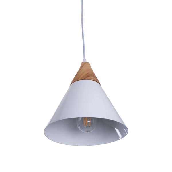 GloboStar® SHADE 00907 Μοντέρνο Κρεμαστό Φωτιστικό Καμπάνα Μονόφωτο 1 x E27 IP20 Λευκό Μέταλλο με Μπεζ Ξύλο - Μ23 x Π23 x Υ22cm - Image 5