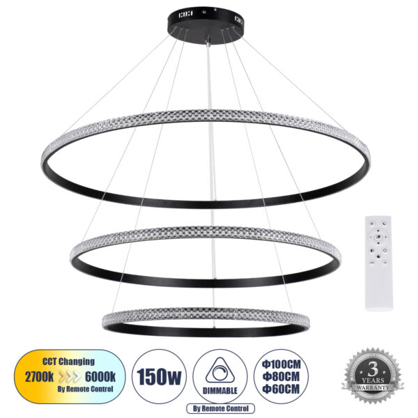 GloboStar® DIAMOND TRIO 61140 Κρεμαστό Φωτιστικό Δαχτυλίδι-Κύκλος LED CCT 150W 18379lm 360° AC 220-240V - Εναλλαγή Φωτισμού μέσω Τηλεχειριστηρίου All In One Ψυχρό 6000k+Φυσικό 4500k+Θερμό 2700k Dimmable Φ60+80+100cm - Μαύρο - 3 Years Warranty