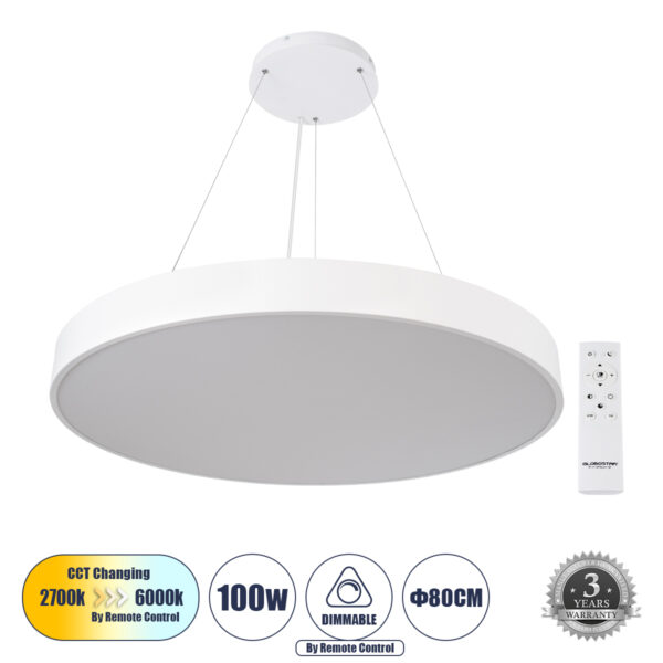 GloboStar® BURTON 61205-P Κρεμαστή Πλαφονιέρα Οροφής LED CCT 100W 11020lm 120° AC 220-240V - Εναλλαγή Φωτισμού μέσω Τηλεχειριστηρίου All In One Ψυχρό 6000k+Φυσικό 4500k+Θερμό 2700k Dimmable Φ80cm - Λευκό - 3 Years Warranty