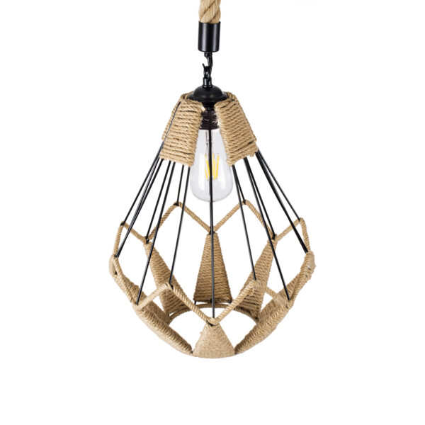 GloboStar® CONICAL 01617 Vintage Κρεμαστό Φωτιστικό Πλέγμα Μονόφωτο 1 x E27 IP20 Μαύρο Μέταλλο με Μπεζ Σχοινί - Μ30 x Π30 x Υ40cm - Image 6