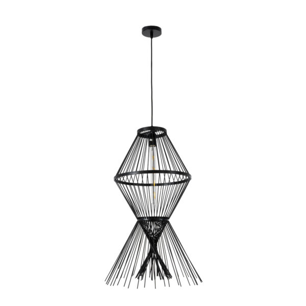 GloboStar® YOSHI 01929 Boho Κρεμαστό Φωτιστικό Πλέγμα Μονόφωτο 1 x E27 IP20 Μαύρο Ξύλο - Μ35 x Π35 x Υ60cm - Image 3