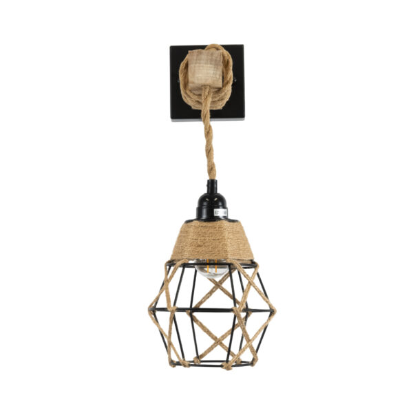 GloboStar® BELLARIVA 01961 Boho Επιτοίχιο Φωτιστικό Απλίκα Μονόφωτο 1 x E27 IP20 Μαύρο Μέταλλο, Μπεζ Σχοινί με Μπεζ Ξύλο - Μ10 x Π30 x Υ43cm - Image 3