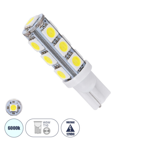 GloboStar® T10 W5W 03040 Λάμπα Αυτοκινήτου LED 13xSMD5050 2.8W 286lm 360° DC 12-16V IP20 Φ1.2 x Υ4cm Ψυχρό Λευκό 6000K