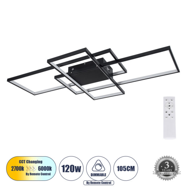 GloboStar® QUADRA 61388 Φωτιστικό Οροφής Design LED CCT 120W 14400lm 120° AC 220-240V - Εναλλαγή Φωτισμού μέσω Τηλεχειριστηρίου All In One Ψυχρό 6000k+Φυσικό 4500k+Θερμό 2700k Dimmable Μ105 x Π60 x Υ9cm - Μαύρο - 3 Years Warranty