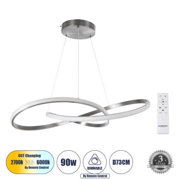 GloboStar® DEXTER 60915 Κρεμαστό Φωτιστικό Οροφής Design LED CCT 90W 10080lm 300° AC 220-240V - Εναλλαγή Φωτισμού μέσω Τηλεχειριστηρίου All In One Ψυχρό 6000k+Φυσικό 4500k+Θερμό 2700k Dimmable Φ73cm - Νίκελ Ασημί Βούρτσας - 3 Years Warranty