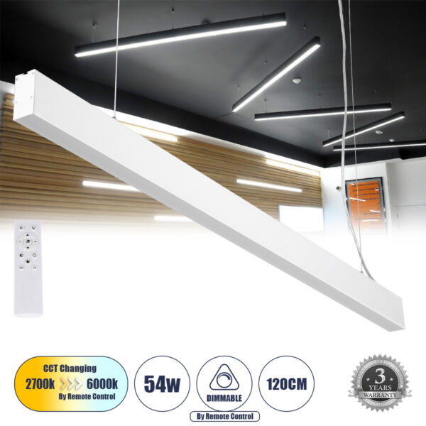 GloboStar® FELIX 61029-P Γραμμικό Κρεμαστό Φωτιστικό Linear LED CCT 54W 6500lm 120° AC 220-240V Μ120 x Π3.5 x Υ7cm - Εναλλαγή Φωτισμού μέσω Τηλεχειριστηρίου All In One Ψυχρό 6000k+Φυσικό 4500k+Θερμό 2700k Dimmable - Λευκό - 3 Years Warranty