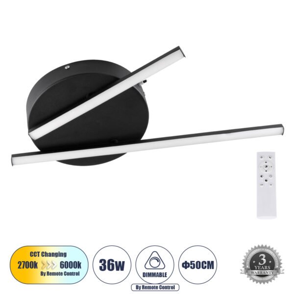 GloboStar® DRACO 61091 Φωτιστικό Οροφής Γραμμικό Linear Design LED CCT 36W 4428lm 120° AC 220-240V - Εναλλαγή Φωτισμού μέσω Τηλεχειριστηρίου All In One Ψυχρό 6000k+Φυσικό 4500k+Θερμό 2700k Dimmable Φ50 x Υ6cm - Μαύρο - 3 Years Warranty