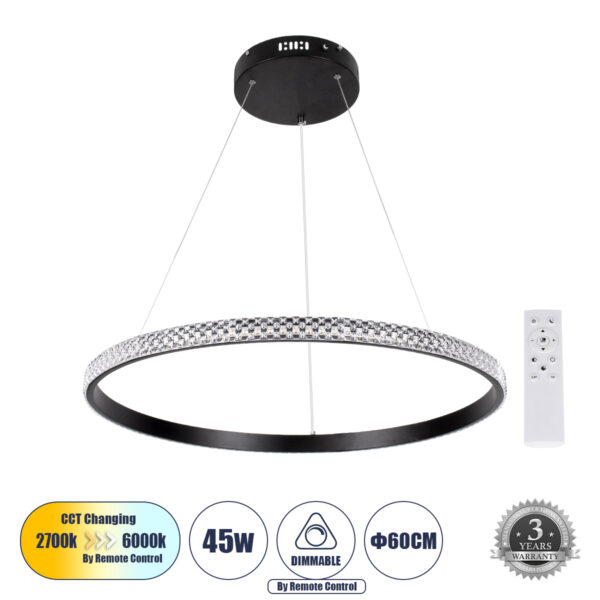 GloboStar® DIAMOND 61130 Κρεμαστό Φωτιστικό Δαχτυλίδι-Κύκλος LED CCT 45W 5230lm 360° AC 220-240V - Εναλλαγή Φωτισμού μέσω Τηλεχειριστηρίου All In One Ψυχρό 6000k+Φυσικό 4500k+Θερμό 2700k Dimmable Φ60cm - Μαύρο - 3 Years Warranty