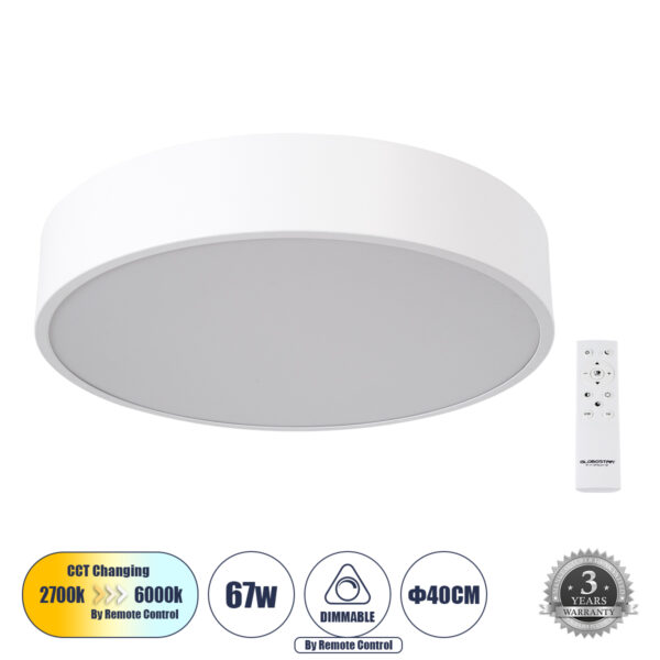 GloboStar® BURTON 61201-S Πλαφονιέρα Οροφής LED CCT 67W 7370lm 120° AC 220-240V - Εναλλαγή Φωτισμού μέσω Τηλεχειριστηρίου All In One Ψυχρό 6000k+Φυσικό 4500k+Θερμό 2700k Dimmable Φ40cm - Λευκό - 3 Years Warranty