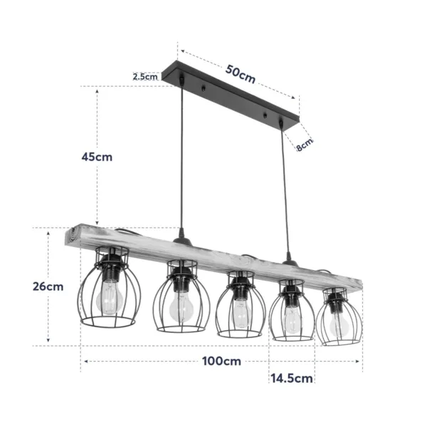 GloboStar® BARISTA 203-0095 Vintage Κρεμαστό Φωτιστικό Ράγα Πολύφωτο 5 x E27 IP20 Μαύρο Μεταλλό με Μπεζ Ξύλο - Μ50 x Π8 x Υ3cm - Image 9