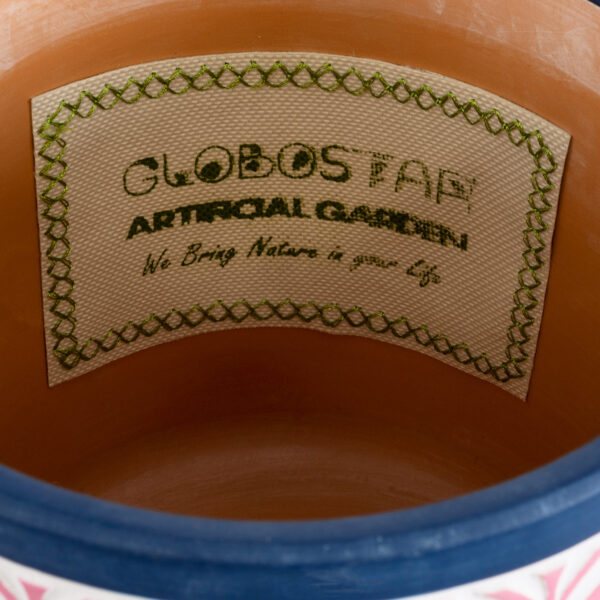 GloboStar® Artificial Garden BOMBAY 20521 Διακοσμητικό Κεραμικό Κασπώ Γλάστρα - Flower Pot Ροζ με Λευκό και Μπλε Φ14.5 x Υ13cm - Image 5