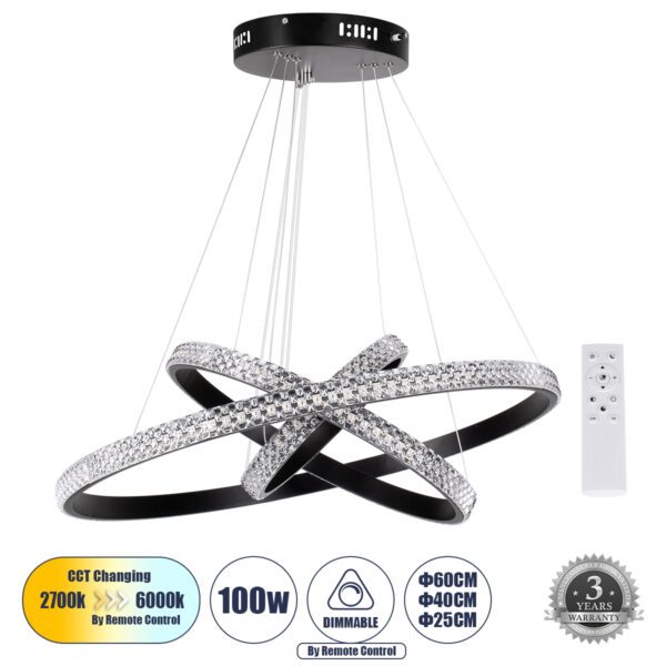 GloboStar® DIAMOND TRIO 61136-DECO Κρεμαστό Φωτιστικό Δαχτυλίδι-Κύκλος LED CCT 100W 12123lm 360° AC 220-240V - Εναλλαγή Φωτισμού μέσω Τηλεχειριστηρίου All In One Ψυχρό 6000k+Φυσικό 4500k+Θερμό 2700k Dimmable Φ25+40+60cm - Μαύρο - 3 Years Warranty