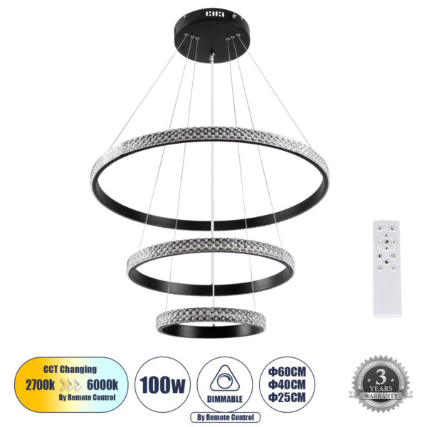 GloboStar® DIAMOND TRIO 61136 Κρεμαστό Φωτιστικό Δαχτυλίδι-Κύκλος LED CCT 100W 12123lm 360° AC 220-240V - Εναλλαγή Φωτισμού μέσω Τηλεχειριστηρίου All In One Ψυχρό 6000k+Φυσικό 4500k+Θερμό 2700k Dimmable Φ25+40+60cm - Μαύρο - 3 Years Warranty