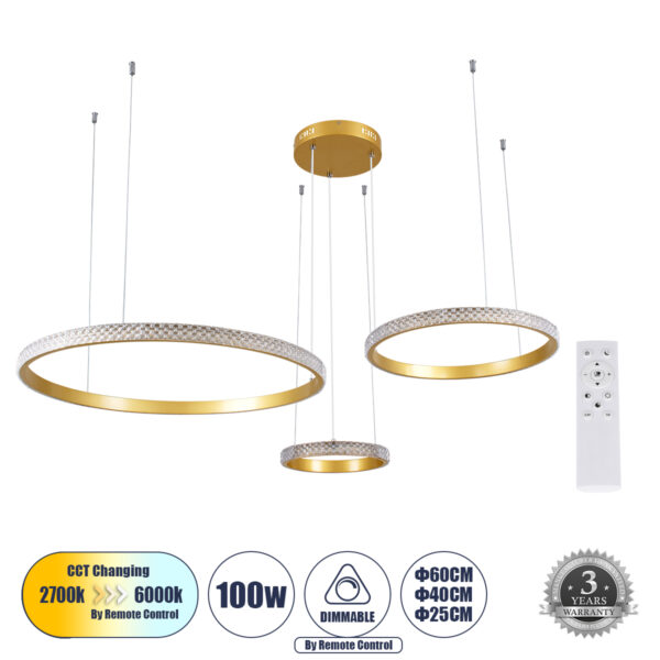 GloboStar® DIAMOND TRIO 61143 Κρεμαστό Φωτιστικό Δαχτυλίδι-Κύκλος LED CCT 100W 12123lm 360° AC 220-240V - Εναλλαγή Φωτισμού μέσω Τηλεχειριστηρίου All In One Ψυχρό 6000k+Φυσικό 4500k+Θερμό 2700k Dimmable Φ25+40+60cm - Χρυσό Βούρτσας - 3 Years Warranty