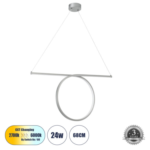 GloboStar® ROME 61296 Κρεμαστό Φωτιστικό Οροφής Linear Design LED CCT 24W 2640lm 200° AC 220-240V - Εναλλαγή Φωτισμού μέσω Διακόπτη On/Off All In One Ψυχρό 6000k+Φυσικό 4500k+Θερμό 2700k Μ65.5 x Π4 x Υ33cm - Ασημί Βούρτσας - 3 Years Warranty