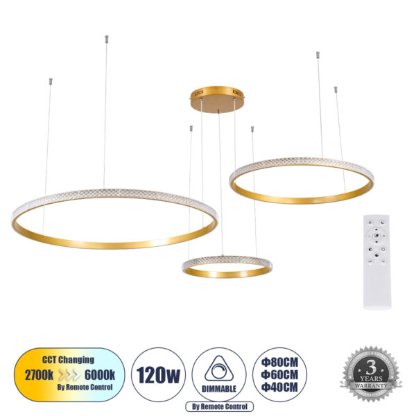 GloboStar® DIAMOND TRIO 61145 Κρεμαστό Φωτιστικό Δαχτυλίδι-Κύκλος LED CCT 120W 14723lm 360° AC 220-240V - Εναλλαγή Φωτισμού μέσω Τηλεχειριστηρίου All In One Ψυχρό 6000k+Φυσικό 4500k+Θερμό 2700k Dimmable Φ40+60+80cm - Χρυσό Βούρτσας - 3 Years Warranty