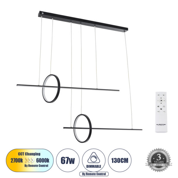 GloboStar® LINEARE 61290 Κρεμαστό Φωτιστικό Οροφής Design LED CCT 67W 7504lm 300° AC 220-240V - Εναλλαγή Φωτισμού μέσω Τηλεχειριστηρίου All In One Ψυχρό 6000k+Φυσικό 4500k+Θερμό 2700k Dimmable Μ130 x Π25 x Υ60cm - Μαύρο - 3 Years Warranty