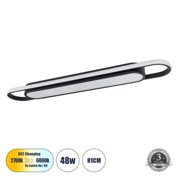 GloboStar® IGOR 61218 Φωτιστικό Οροφής Linear Design LED CCT 48W 5760lm 210° AC 220-240V - Εναλλαγή Φωτισμού μέσω Διακόπτη On/Off All In One Ψυχρό 6000k+Φυσικό 4500k+Θερμό 2700k Μ81 x Π13 x Υ4.5cm - Μαύρο - 3 Years Warranty