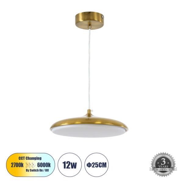 GloboStar® BARON 60886 Κρεμαστή Πλαφονιέρα Οροφής LED CCT 12W 1440lm 120° AC 220-240V - Εναλλαγή Φωτισμού μέσω Διακόπτη On/Off All In One Ψυχρό 6000k+Φυσικό 4500k+Θερμό 2700k Φ25 x Υ8cm - Χρυσό Πλατίνα - 3 Years Warranty