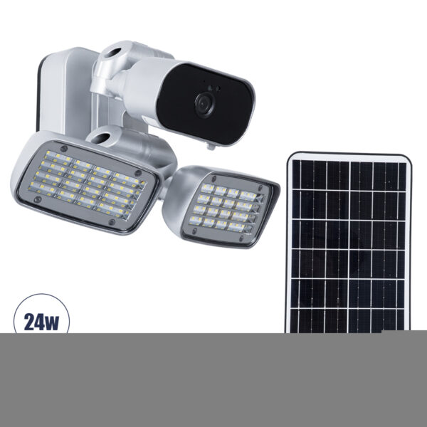 GloboStar® 86045 Αυτόνομος Ηλιακός Προβολέας LED SMD 24W 1200lm με IP Camera 1080P 2MP 4G SIM CARD WiFi 150° Ενσωματωμένη Μπαταρία 3200mAh Φωτοβολταϊκό Πάνελ Αισθητήρα Ημέρας-Νύχτας & Ρύθμιση Χρόνου Ανάμματος Αδιάβροχος IP66 Ψυχρό Λευκό 6000K - Ασημί