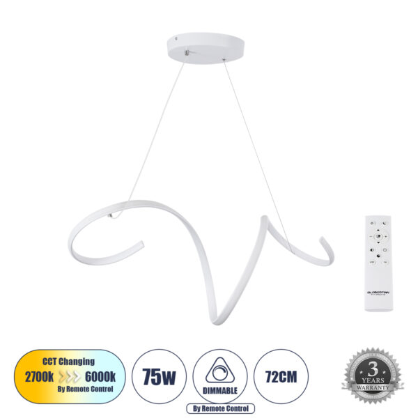 GloboStar® SPIRALE 61284 Κρεμαστό Φωτιστικό Οροφής Design LED CCT 75W 8400lm 300° AC 220-240V - Εναλλαγή Φωτισμού μέσω Τηλεχειριστηρίου All In One Ψυχρό 6000k+Φυσικό 4500k+Θερμό 2700k Dimmable Μ72 x Π25 x Υ30cm - Λευκό - 3 Years Warranty