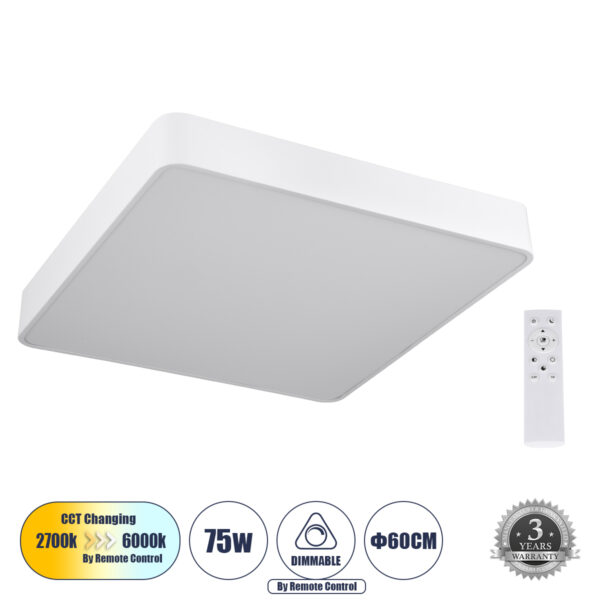 GloboStar® KAMALA 61209-S Πλαφονιέρα Οροφής LED CCT 75W 8625lm 120° AC 220-240V - Εναλλαγή Φωτισμού μέσω Τηλεχειριστηρίου All In One Ψυχρό 6000k+Φυσικό 4500k+Θερμό 2700k Dimmable Μ60 x Π60 x Υ8cm - Λευκό - 3 Years Warranty