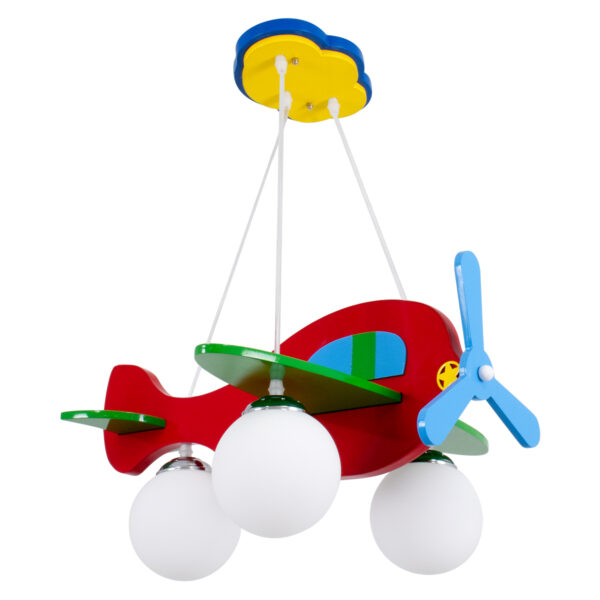 GloboStar® AIRPLANE 01575 Παιδικό Κρεμαστό Φωτιστικό Φιγούρα Τρίφωτο 3 x E27 IP20 Πολύχρωμο Ξύλο με Λευκό Γυαλί - Μ51 x Π49 x Υ26cm