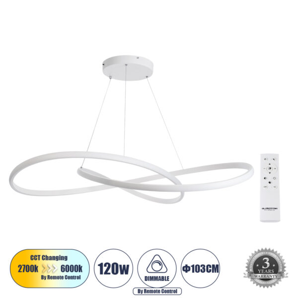 GloboStar® DEXTER 60918 Κρεμαστό Φωτιστικό Οροφής Design LED CCT 120W 13440lm 300° AC 220-240V - Εναλλαγή Φωτισμού μέσω Τηλεχειριστηρίου All In One Ψυχρό 6000k+Φυσικό 4500k+Θερμό 2700k Dimmable Φ103cm - Λευκό - 3 Years Warranty