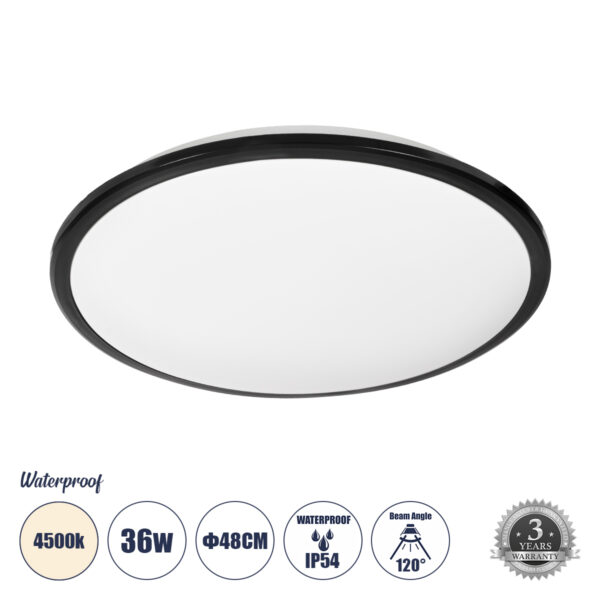 GloboStar® TUFFIN 60999 Πλαφονιέρα Οροφής LED 36W 3960lm 120° AC 220-240V Αδιάβροχη IP54 Φ48 x Υ6.5cm Φυσικό Λευκό 4500K - Μαύρο - Bridgelux Chips - 3 Years Warranty