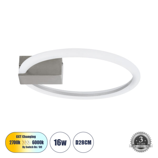 GloboStar® CINDERELLA 60979 Φωτιστικό Οροφής Δαχτυλίδι-Κύκλος LED CCT 16W 1792lm 360° AC 220-240V - Εναλλαγή Φωτισμού μέσω Διακόπτη On/Off All In One Ψυχρό 6000k+Φυσικό 4500k+Θερμό 2700k Φ28cm - Χρώμιο Νικελ - 3 Years Warranty