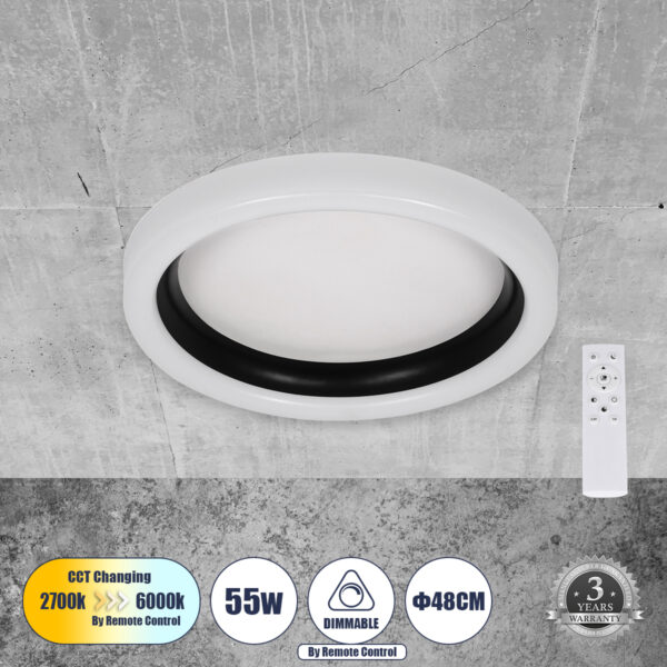 GloboStar® ARIANA 61034 Πλαφονιέρα Οροφής Κύκλος LED CCT 55W 6376lm 120° AC 220-240V - Εναλλαγή Φωτισμού μέσω Τηλεχειριστηρίου All In One Ψυχρό Λευκό 6000k+Φυσικό Λευκό 4500k+Θερμό Λευκό 2700k Dimmable Φ48cm - Μαύρο - 3 Years Warranty