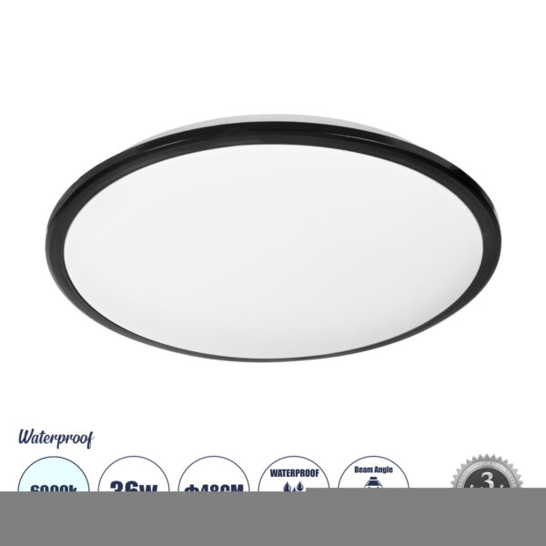 GloboStar® TUFFIN 60998 Πλαφονιέρα Οροφής LED 36W 4140lm 120° AC 220-240V Αδιάβροχη IP54 Φ48 x Υ6.5cm Ψυχρό Λευκό 6000K - Μαύρο - Bridgelux Chips - 3 Years Warranty