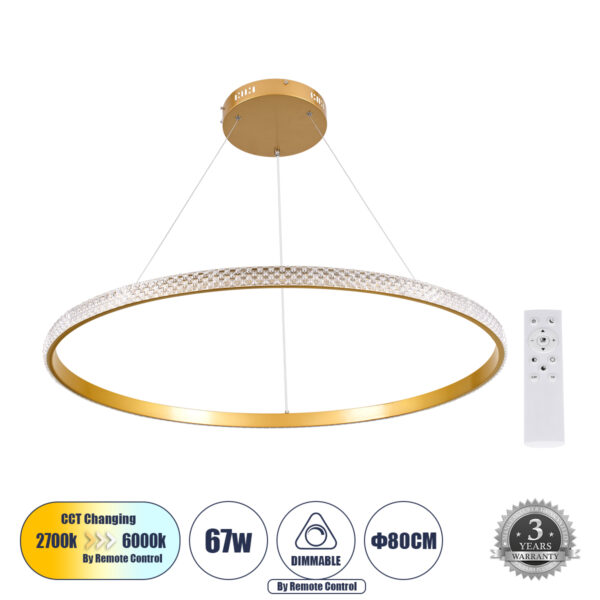 GloboStar® DIAMOND 61133 Κρεμαστό Φωτιστικό Δαχτυλίδι-Κύκλος LED CCT 67W 7689lm 360° AC 220-240V - Εναλλαγή Φωτισμού μέσω Τηλεχειριστηρίου All In One Ψυχρό 6000k+Φυσικό 4500k+Θερμό 2700k Dimmable Φ80cm - Χρυσό Βούρτσας - 3 Years Warranty