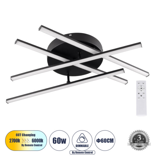 GloboStar® DRACO 61095 Φωτιστικό Οροφής Γραμμικό Linear Design LED CCT 60W 7380lm 120° AC 220-240V - Εναλλαγή Φωτισμού μέσω Τηλεχειριστηρίου All In One Ψυχρό 6000k+Φυσικό 4500k+Θερμό 2700k Dimmable Φ60 x Υ11cm - Μαύρο - 3 Years Warranty