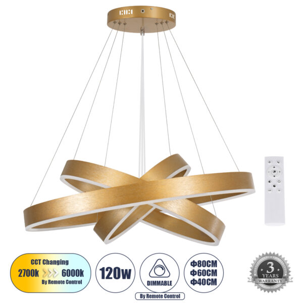 GloboStar® VENOM TRIO 61190-DECO Κρεμαστό Φωτιστικό Δαχτυλίδι-Κύκλος LED CCT 120W 14158lm 120° AC 220-240V - Εναλλαγή Φωτισμού μέσω Τηλεχειριστηρίου All In One Ψυχρό 6000K+Φυσικό 4500K+Θερμό 2700K Dimmable Φ40+60+80cm - Χρυσό Βούρτσας - 3 Years Warranty