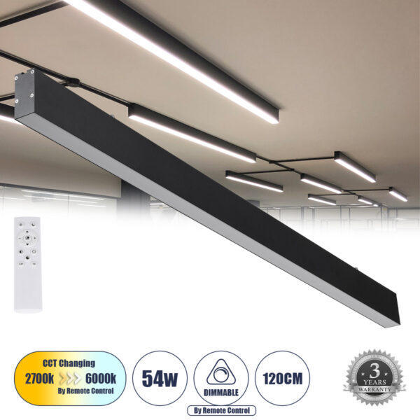 GloboStar® FELIX 61028-S Γραμμικό Φωτιστικό Οροφής Linear LED CCT 54W 6500lm 120° AC 220-240V Μ120 x Π3.5 x Υ7cm - Εναλλαγή Φωτισμού μέσω Τηλεχειριστηρίου All In One Ψυχρό 6000k+Φυσικό 4500k+Θερμό 2700k Dimmable - Μαύρο - 3 Years Warranty