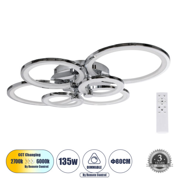 GloboStar® ROYAL-R 61324 Φωτιστικό Οροφής Design LED CCT 135W 16200lm 360° AC 220-240V - Εναλλαγή Φωτισμού μέσω Τηλεχειριστηρίου All In One Ψυχρό 6000k+Φυσικό 4500k+Θερμό 2700k Dimmable Μ80.5 x Π59 x Υ12cm - Νίκελ Χρώμιο - 3 Years Warranty