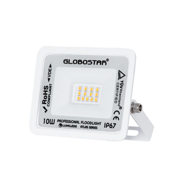 GloboStar® ATLAS 61406 Επαγγελματικός Προβολέας LED 10W 1150lm 120° AC 220-240V - Αδιάβροχος IP67 - Μ10 x Π2 x Υ8cm - Λευκό - Θερμό Λευκό 2700K - LUMILEDS Chips - TÜV Rheinland Certified - 5 Years Warranty