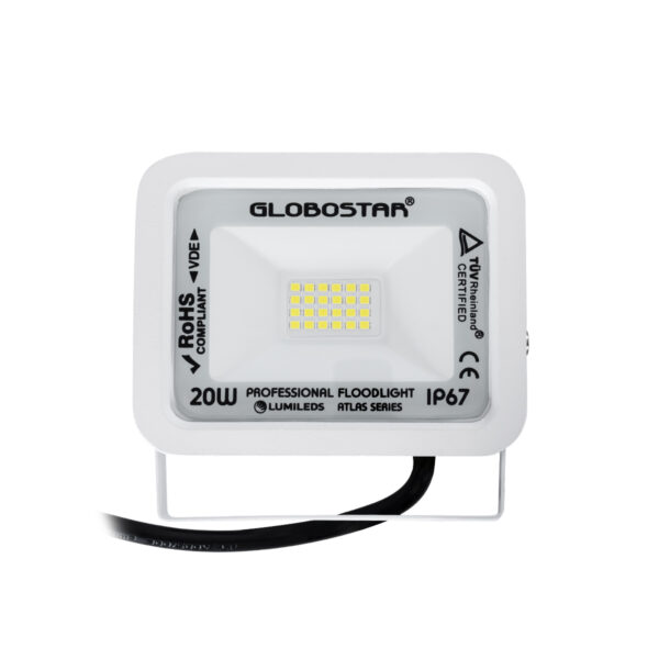 GloboStar® ATLAS 61407 Επαγγελματικός Προβολέας LED 20W 2500lm 120° AC 220-240V - Αδιάβροχος IP67 - Μ12 x Π2.5 x Υ9.5cm - Λευκό - Ψυχρό Λευκό 6000K - LUMILEDS Chips - TÜV Rheinland Certified - 5 Years Warranty - Image 2