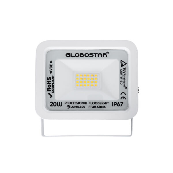 GloboStar® ATLAS 61409 Επαγγελματικός Προβολέας LED 20W 2300lm 120° AC 220-240V - Αδιάβροχος IP67 - Μ12 x Π2.5 x Υ9.5cm - Λευκό - Θερμό Λευκό 2700K - LUMILEDS Chips - TÜV Rheinland Certified - 5 Years Warranty - Image 2